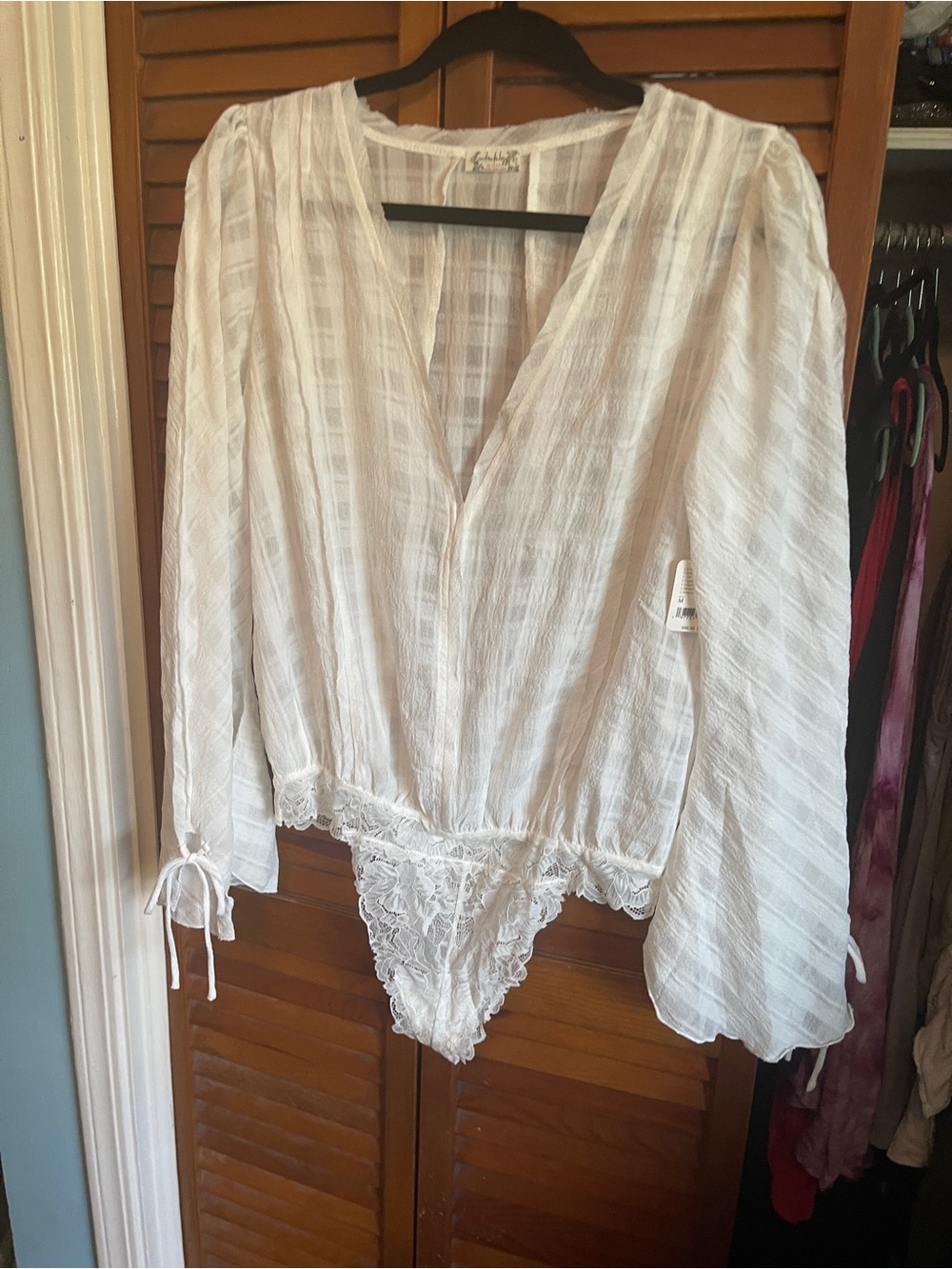 Free People White Lace-Trim Sheer Long-Sleeve Bodysuit Chemise
